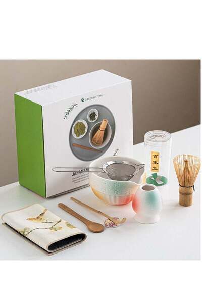 genernic Joy Link 8-piece Japanese Matcha Tea Set: bowl, bamboo whisk, scoop, holder, mat, stainless strainer
