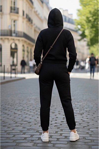 YusGos Women's Zippered Stretch Fabric Modal Fabric Embossed Patterned Hooded High Quality Slim Tracksuit Set