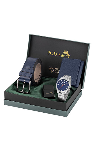 Polo Air Erkek Kol Saati Kemer Mıknatıslı Cüzdan Çakmak Seti Siyah Lacivert P...
