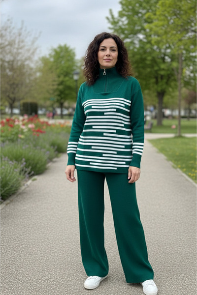 YusGos Women's Stripe Detailed Bottom Top Pants Sweater Knitwear Set