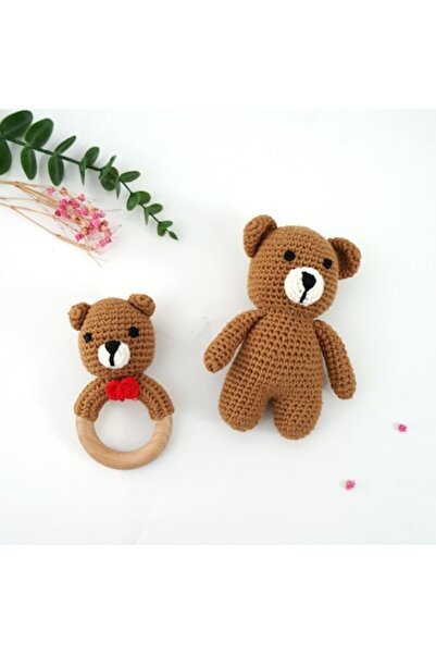 MauMau Set de jucării zornăitoare și dentiție croșetate, model ursuleț, lucrate manual, pentru dezvoltarea senzorială și motorie