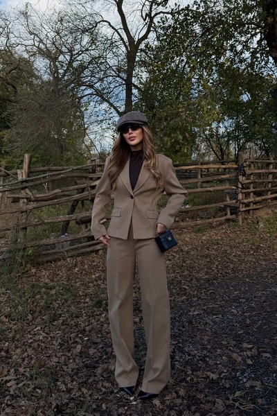 Laluvia Camel Single Button Jacket Pants Set - 9480