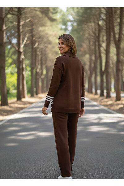 YusGos Women's Stripe Detailed Bottom Top Pants Sweater Knitwear Set