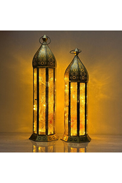 Souq DESIGNS مجموعة فوانيس رمضان من فانوسين مغربيين ذهبيين معدنيين وزجاج مصنفر، حامل شموع عربي