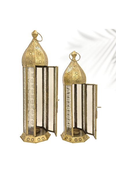 Souq DESIGNS Ramadan Lanterns Set of 2 Moroccan Gold Metal & Frosted Glass Fanoos, Arabic Candle Holder Lanterns