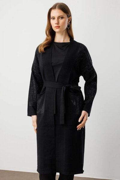 ON Fashion Stone Embroidered Belted Long Cardigan