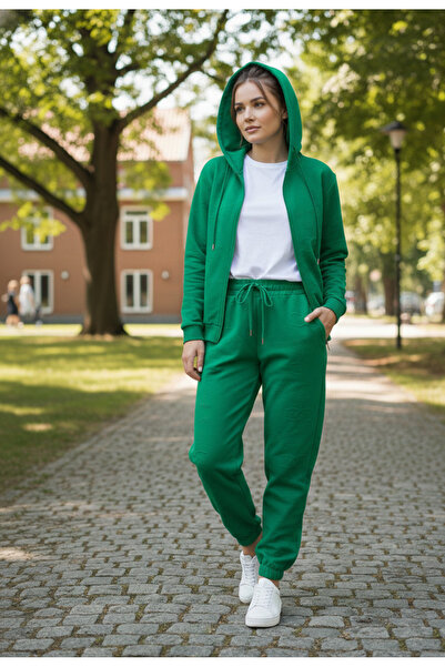 YusGos Women's Zippered Stretch Fabric Modal Fabric Embossed Patterned Hooded High Quality Slim Tracksuit Set