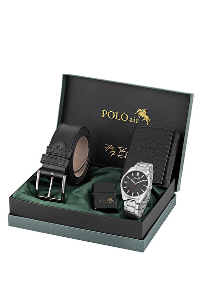 Polo Air Erkek Kol Saati Kemer Mıknatıslı Cüzdan Çakmak Seti Gümüş Siyah Renk...