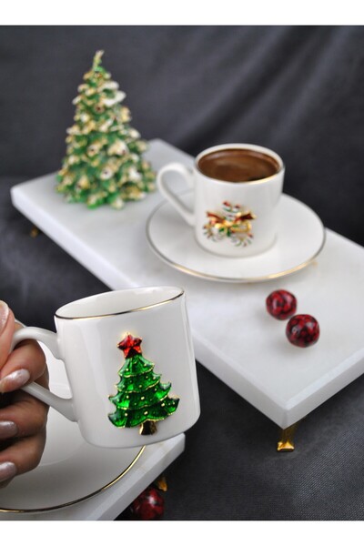 Qualitev 2-Person New Year Decorated Porcelain Coffee Cup Set 90 ml New Year 4 Pieces