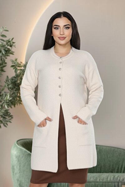 İmran Triko Knee Length Beard (Soft) Yarn Jacket - Two-Pocket Knitwear Sweater New Season Elegance