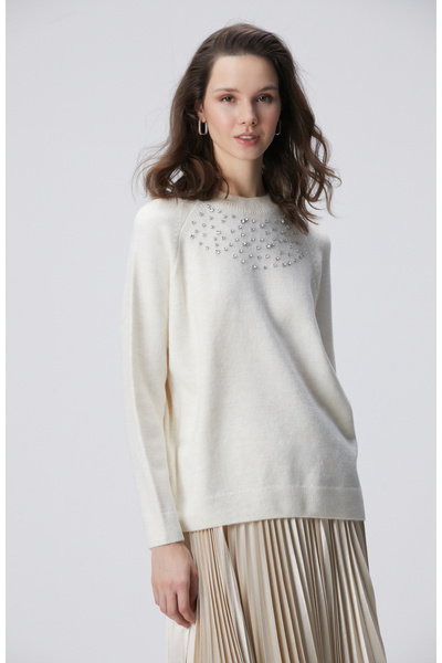 Network Kırık Beyaz Bisiklet Yaka Taş İşlemeli Kazak