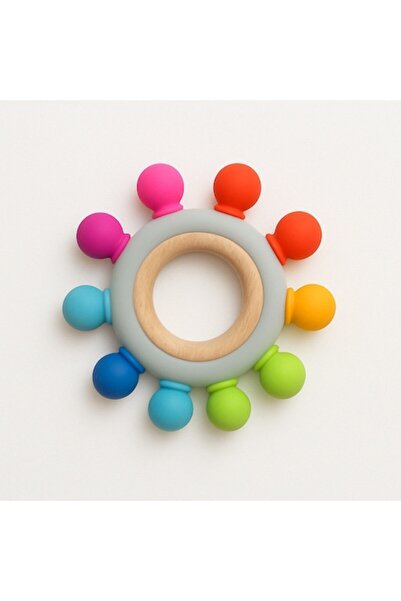MauMau Silicone teether wheel with 8 sensory nodes and beech wood center