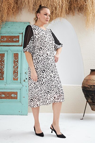 RMG Plus Size Ecru Dress with Sleeve Detail and Leopard Pattern
