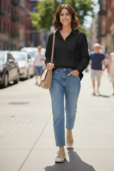 Ekru Cep Detaylı Oversize Basic Model Pamuklu Rahat Kesim Beyaz Gömlek – Spor...