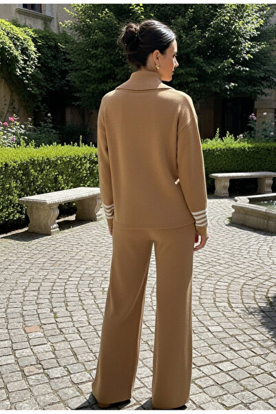 YusGos Women's Stripe Detailed Bottom Top Pants Sweater Knitwear Set