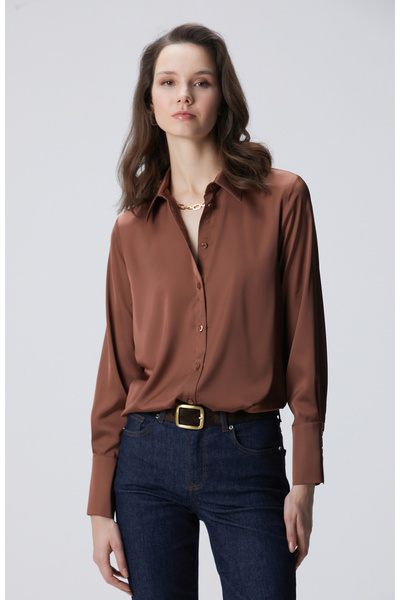 Network Kahverengi Geniş Manşetli Saten Gömlek