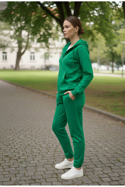 YusGos Women's Zippered Stretch Fabric Modal Fabric Embossed Patterned Hooded High Quality Slim Tracksuit Set