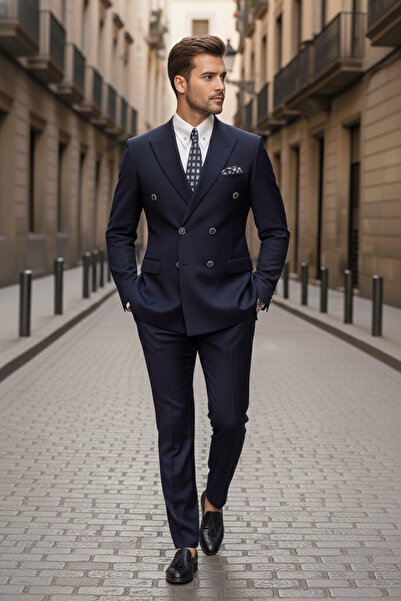 NAZEF Slim Fit Pointed Collar Double Slit Wool Blend Double-Breasted Navy Blue Suit