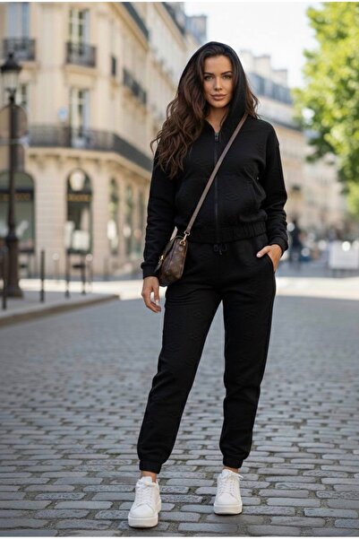 YusGos Women's Zippered Stretch Fabric Modal Fabric Embossed Patterned Hooded High Quality Slim Tracksuit Set