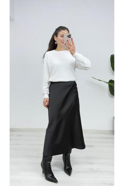 TUNAM BUTİK 58430 Satin Long Skirt Black