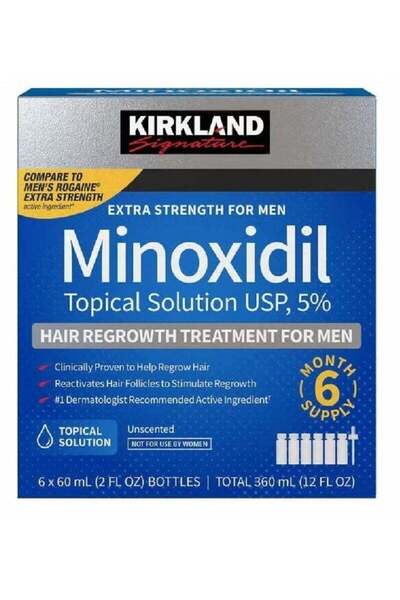 Kirkland Signature مجموعة علاج إعادة نمو الشعر كيركلاند 6 × 60 مل من مينوكسيديل فائق القوة 5%