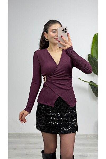 TUNAM BUTİK 0555 Yandan Tokalı Kruvaze Yakalı Bluz Bordo