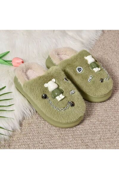 OEM Plush slippers with teddy bear, fluffy lining and decorative chain - women's slippers