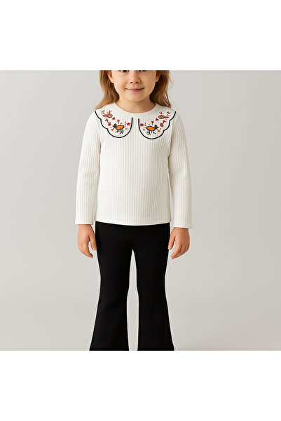 mini kanka Girls' Embroidered Collar Detail Long Sleeve Ribbed Flare Blouse and Black Pants Set 4-12 Years
