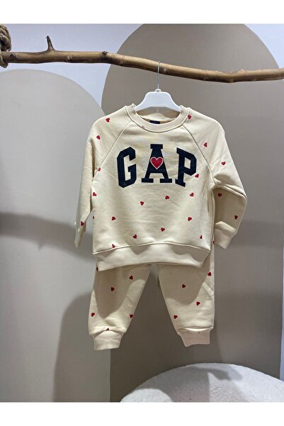 NOBLEKIDS Kalp Printed Cream Girl's Set – Sweatshirt & Jogger Bottom, Ages 2–8