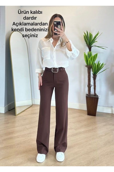 ADELLA BUTİK Kadın Kahverengi Şık Kemerli Palazzo Kumaş Pantolon(Dar Kalıp)