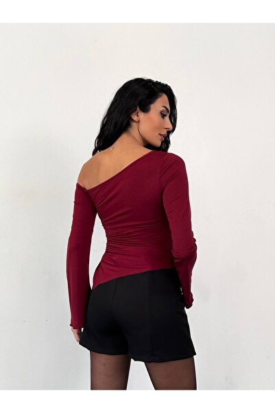 Cuyka Asymmetric Neckline One Shoulder Ruched Detail Long Sleeve Blouse