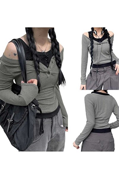 İsra Ayyıldız Moonstar Collection Düğmeli Füme Siyah Ek Parçalı Street Style Y2K Uzun Kollu 2000s Bluz