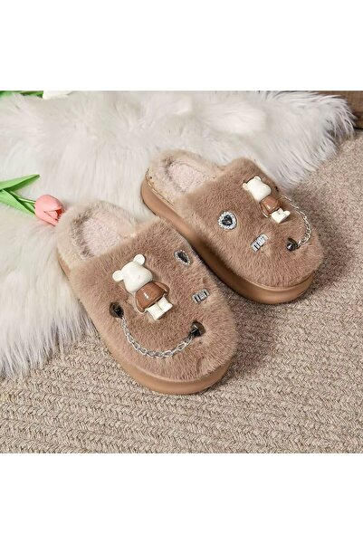 OEM Plush slippers with teddy bear, fluffy lining and decorative chain - women's slippers