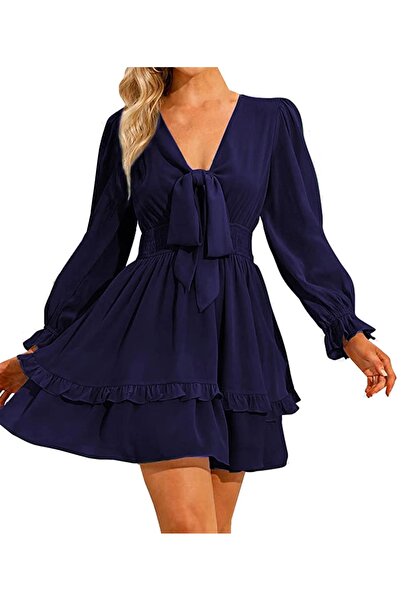 OSM Rochii de damă cu decolteu adânc în V, mânecă lungă, nod în față, volane,...