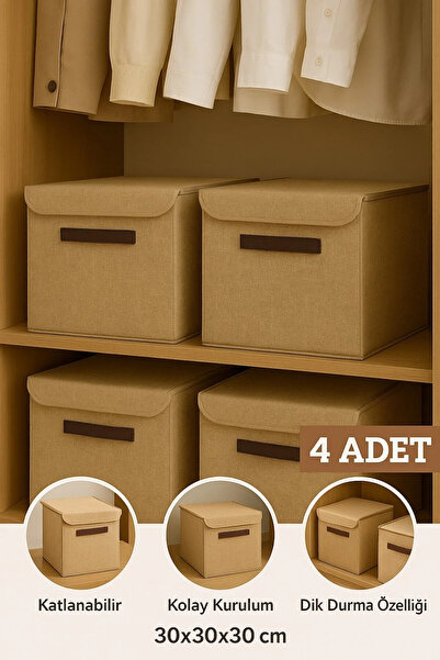 Serstil 4 Adet - Dolap İçi Düzenleyici Katlanır Kapaklı Saklama Kutusu 30x30x...