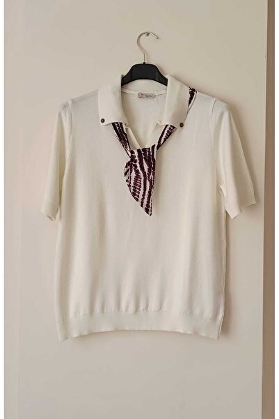 JM Women's Scarf Detailed Stretchy Polo Neck Short Sleeve Knitwear Blouse