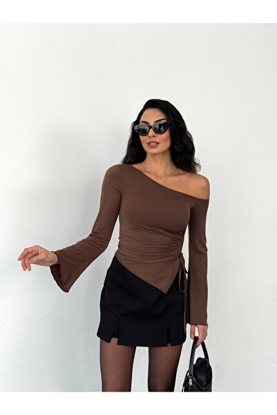 Cuyka Asymmetric Neckline One Shoulder Ruched Detail Long Sleeve Blouse