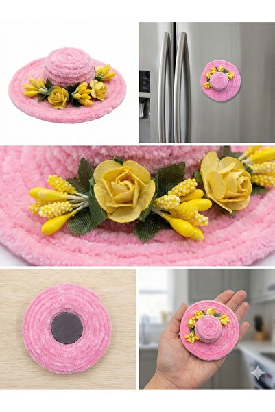 SiHako Çiçekli Örgü Şapka Magnet - Hediyelik Dekoratif Mutfak Süsü (Pembe/Sarı)