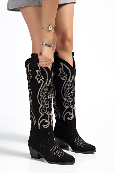 MS SUGAR SHOES Kadın Siyah Vegan Süet Nakışlı Western Kovboy Cowgirl Bot Çizme Beyaz Nakışlı