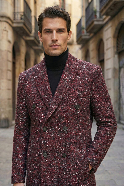 NAZEF Slim Fit Patterned Single Slit Wool Blend Double-Breasted Claret Red Coat