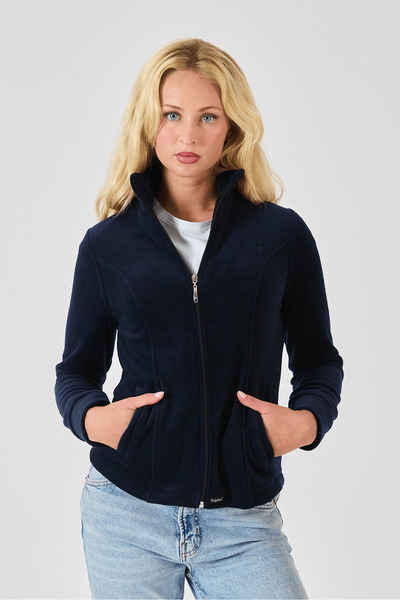 Feliplini Kadın Polar Ceket - Lacivert Tüylenme Yapmayan 2 Cepli ve Belden Ot...