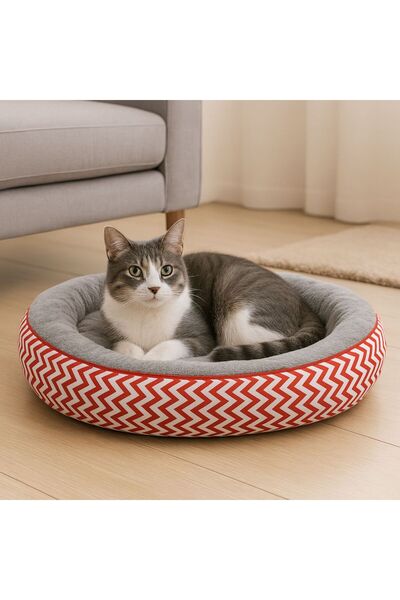 OEM Oval cat bed, soft, washable, red with Chevron pattern, L, 45x26 cm