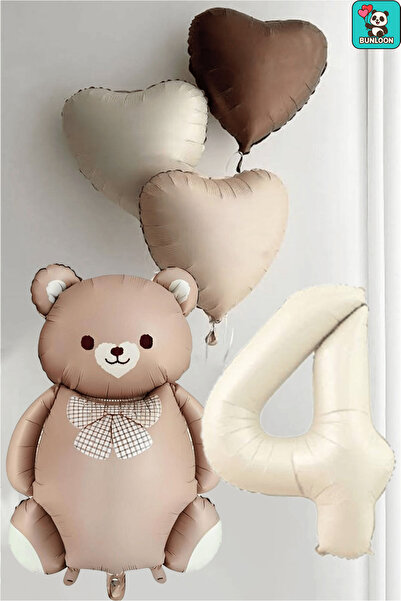 Bunloon 4 Yaş Krem Folyo ve Kahverengi Papyonlu Ayı Figürlü Kalp Temalı Doğum...
