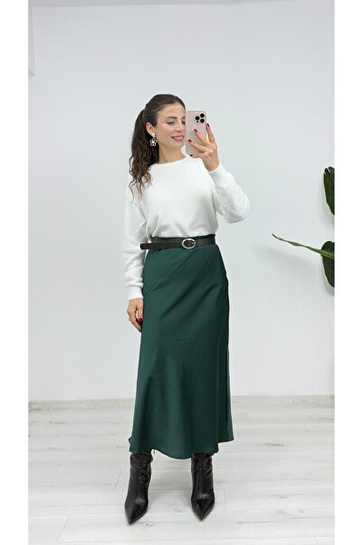 TUNAM BUTİK 58430 Satin Long Skirt Green
