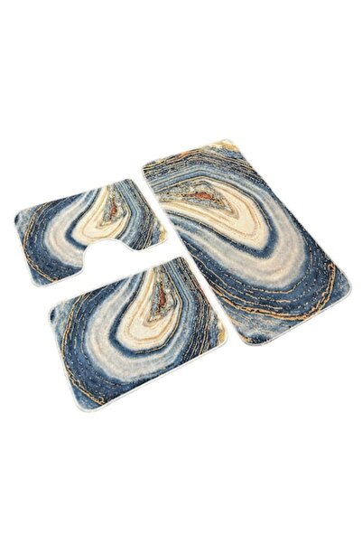 OPTIM DEKO Bath Mat Set of 3 Pieces, Non-Slip 100x60, 60x50, 40x60, Blue/Cream/Brown