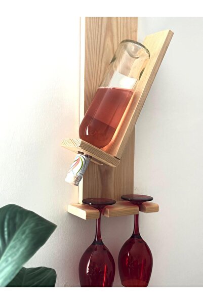Lotusorium Doğal Ahşap Vintage Şaraplık, Tek Şarap Rafı Ve İki Kadeh Tutucu R...