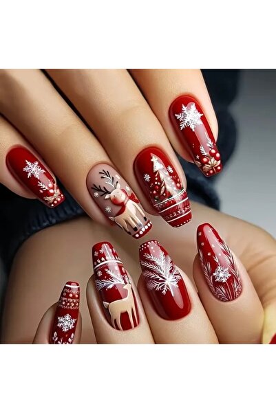 Accessories Hei Kırmızı Yılbaşı Temalı Kendinden Yapışkanlı Takma Tırnak Seti 24 Adet