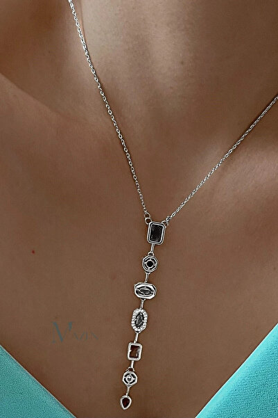 staınless steel 7 Element Colorful Multi-Stone Y Model Steel Necklace (Silver)