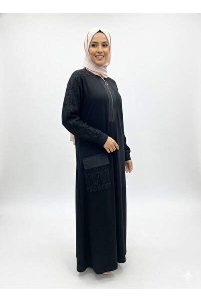 CELTMODA Women's Collar Zippered Lace Embroidered Hijab Dress - Black L