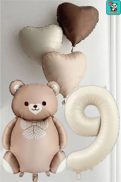 Bunloon 9 Year Old Bear Figure with Cream Foil and Brown Bow Tie, Heart Theme...